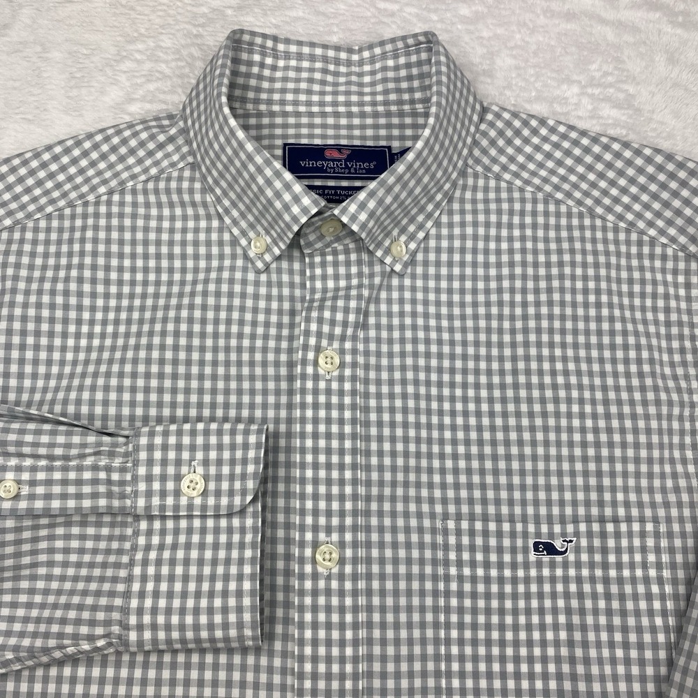 Vineyard Vines Shirt Mens Small Gray/White Checks Classic Fit Tucker Stretch